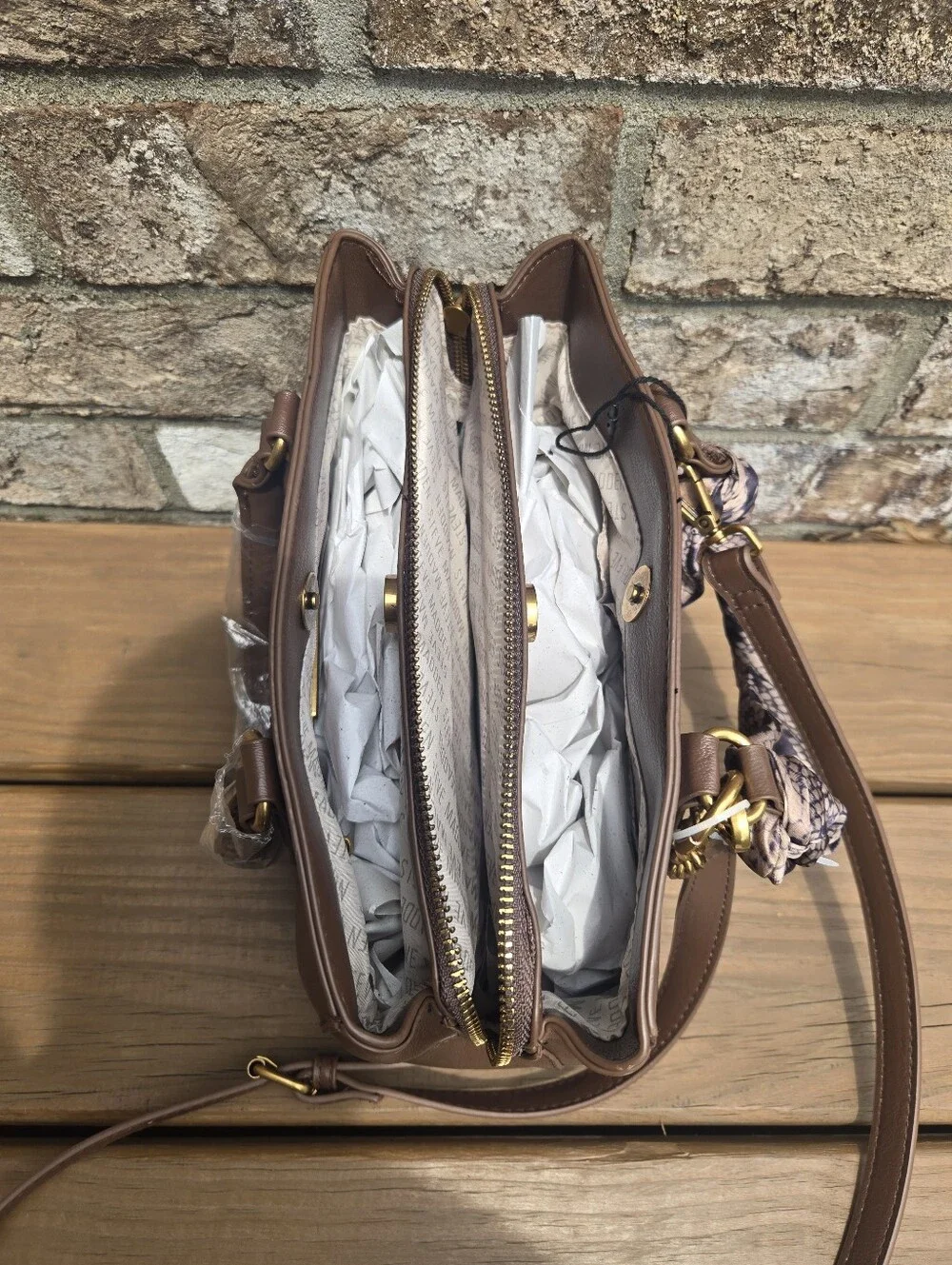 Michael Kors Taupe Leather Satchel with Snake-Print Scarf and Gold Chain